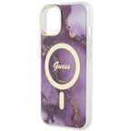 Guess MagSafe dėklas iPhone 14 – violetinis marmuras