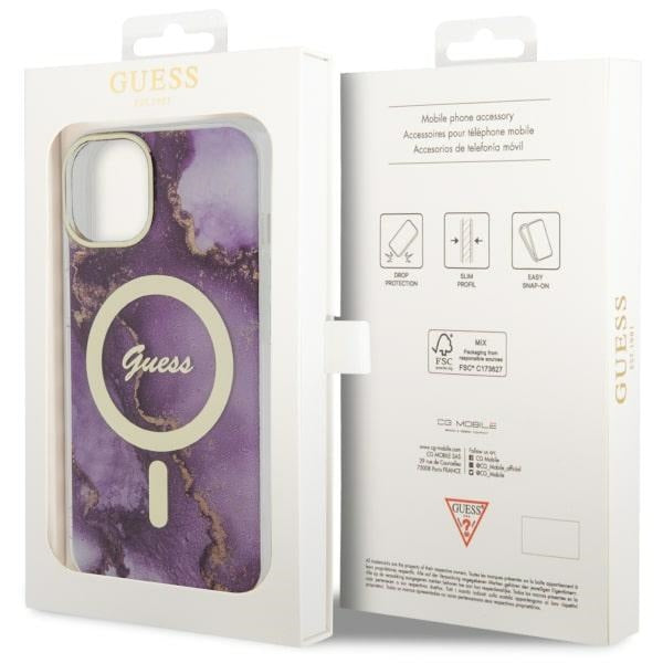 Guess MagSafe dėklas iPhone 14 – violetinis marmuras