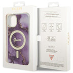 Guess MagSafe dėklas iPhone 14 – violetinis marmuras