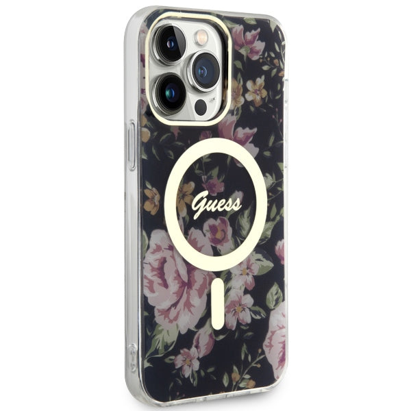 Guess MagSafe dėklas iPhone 14 Pro Max – juodas, gėlės
