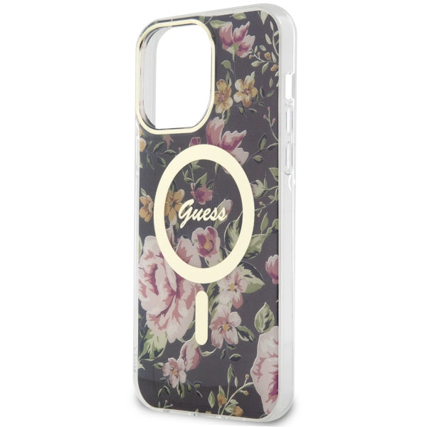 Guess MagSafe dėklas iPhone 14 Pro Max – juodas, gėlės