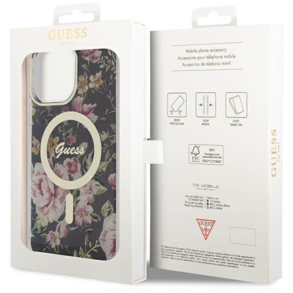 Guess MagSafe dėklas iPhone 14 Pro Max – juodas, gėlės