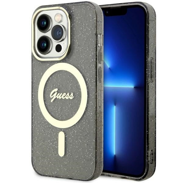Guess Glitter Gold MagSafe dėklas iPhone 14 Pro Max – juodas
