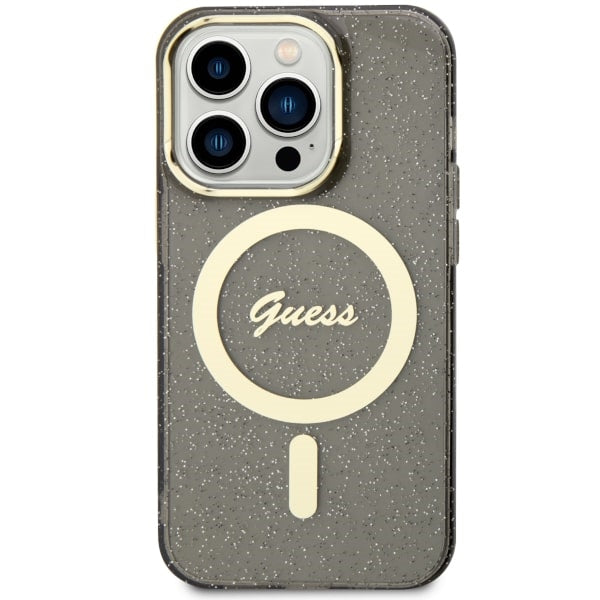 Guess Glitter Gold MagSafe dėklas iPhone 14 Pro Max – juodas