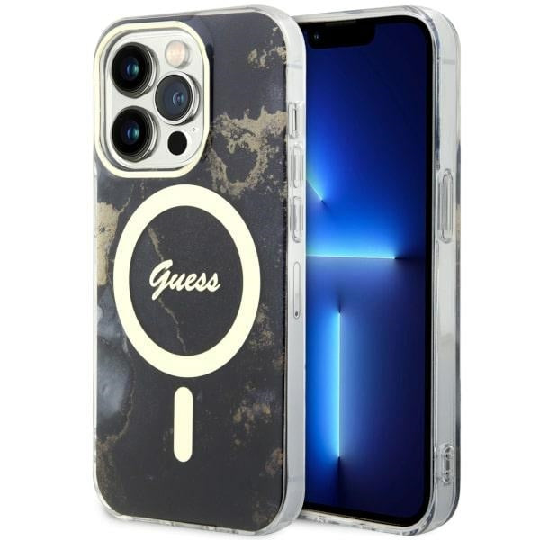 Guess Golden Marble MagSafe dėklas iPhone 14 Pro Max – juodas