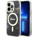 Guess Golden Marble MagSafe dėklas iPhone 14 Pro Max – juodas