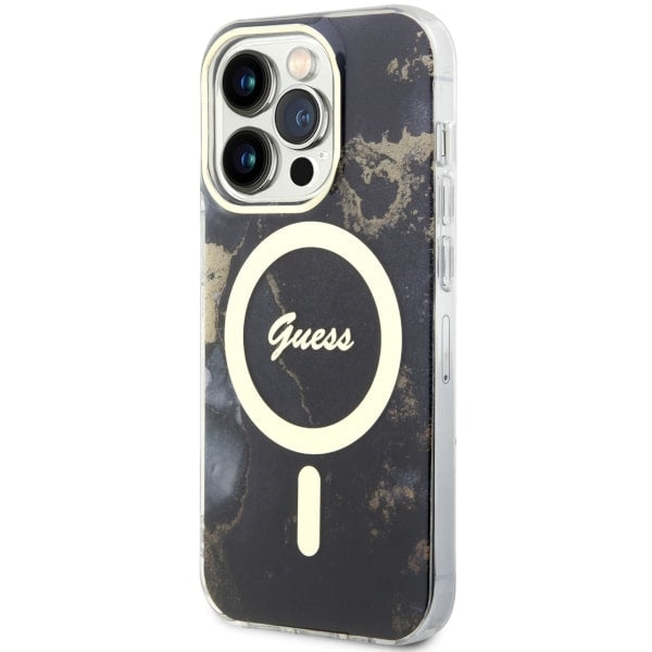 Guess Golden Marble MagSafe dėklas iPhone 14 Pro Max – juodas