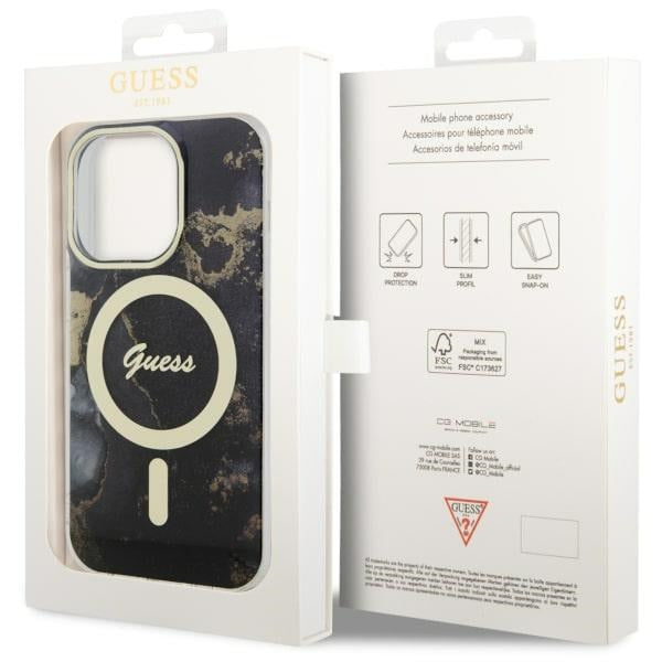 Guess Golden Marble MagSafe dėklas iPhone 14 Pro Max – juodas