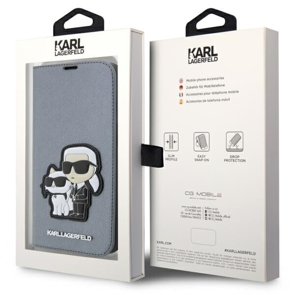 Karl Lagerfeld dėklas-knygutė iPhone 14 Pro – sidabrinis