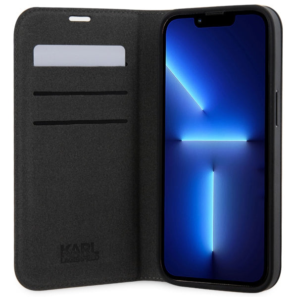 Karl Lagerfeld atverčiamas dėklas iPhone 14 Pro Max – sidabrinis
