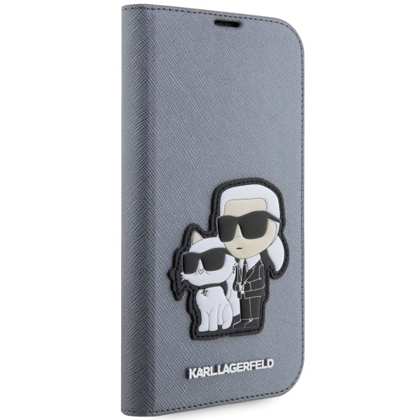 Karl Lagerfeld atverčiamas dėklas iPhone 14 Pro Max – sidabrinis