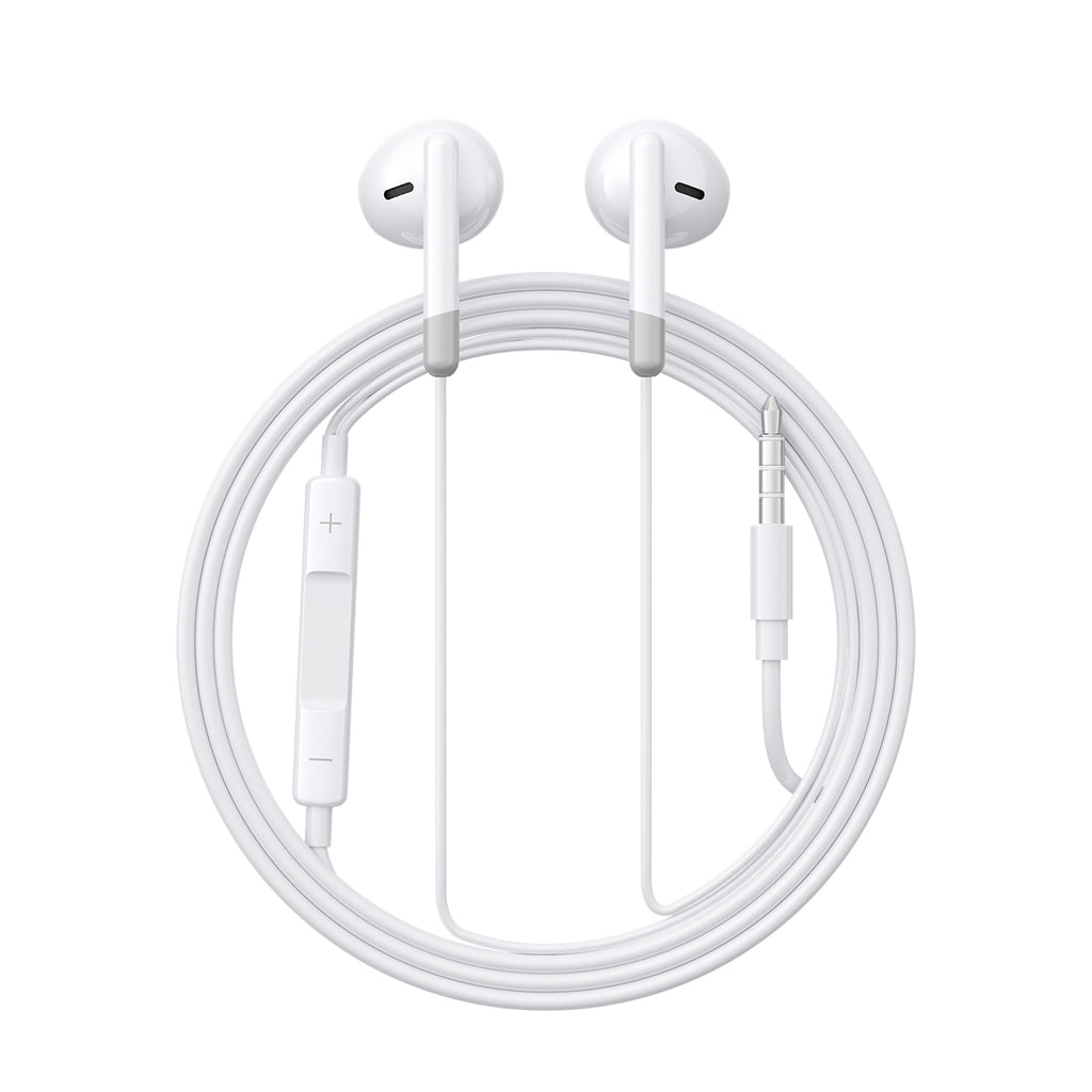 Joyroom JR-EW01 į ausis įdedamos laidinės mini lizdo ausinės su nuotolinio valdymo pulteliu – baltos spalvos