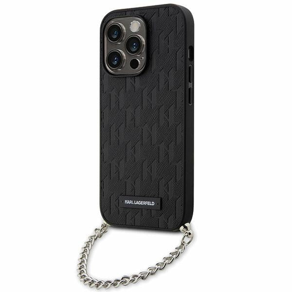 Karl Lagerfeld Saffiano dėklas iPhone 14 Pro – juodas, grandinėlė
