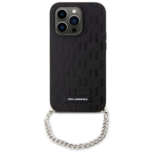 Karl Lagerfeld Saffiano dėklas iPhone 14 Pro – juodas, grandinėlė