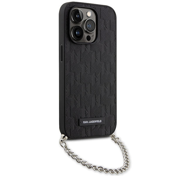 Karl Lagerfeld Saffiano dėklas iPhone 14 Pro – juodas, grandinėlė