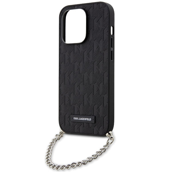 Karl Lagerfeld Saffiano dėklas iPhone 14 Pro – juodas, grandinėlė