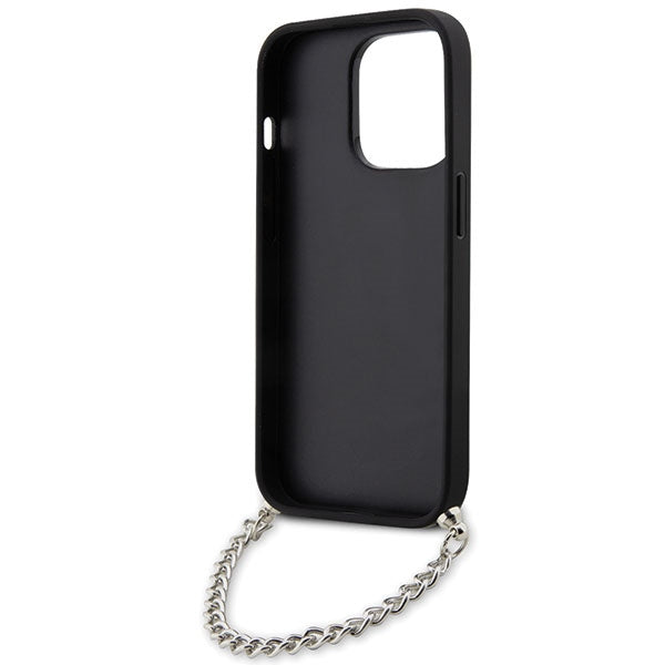 Karl Lagerfeld Saffiano dėklas iPhone 14 Pro – juodas, grandinėlė