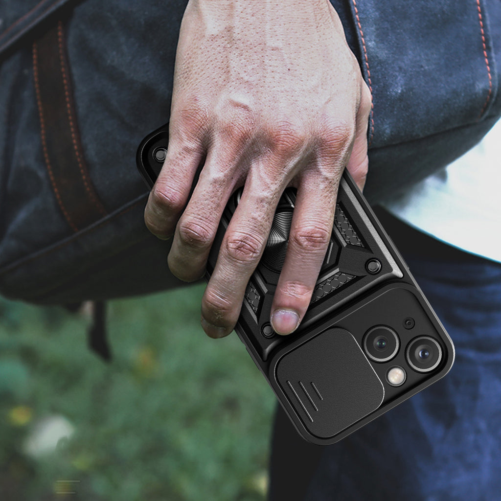 Hybrid Armor Camshield dėklas iPhone 15 Plus – mėlynas