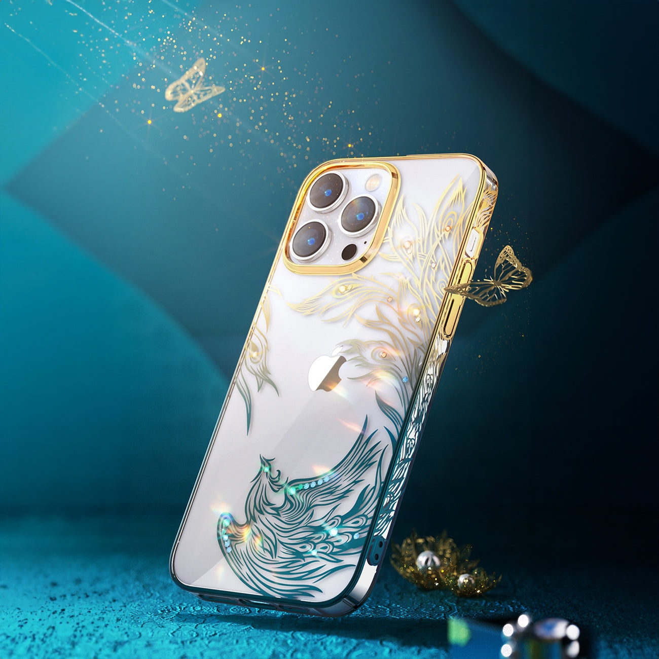 Kingxbar Phoenix dėklas iPhone 14 Plus – auksinis/mėlynas