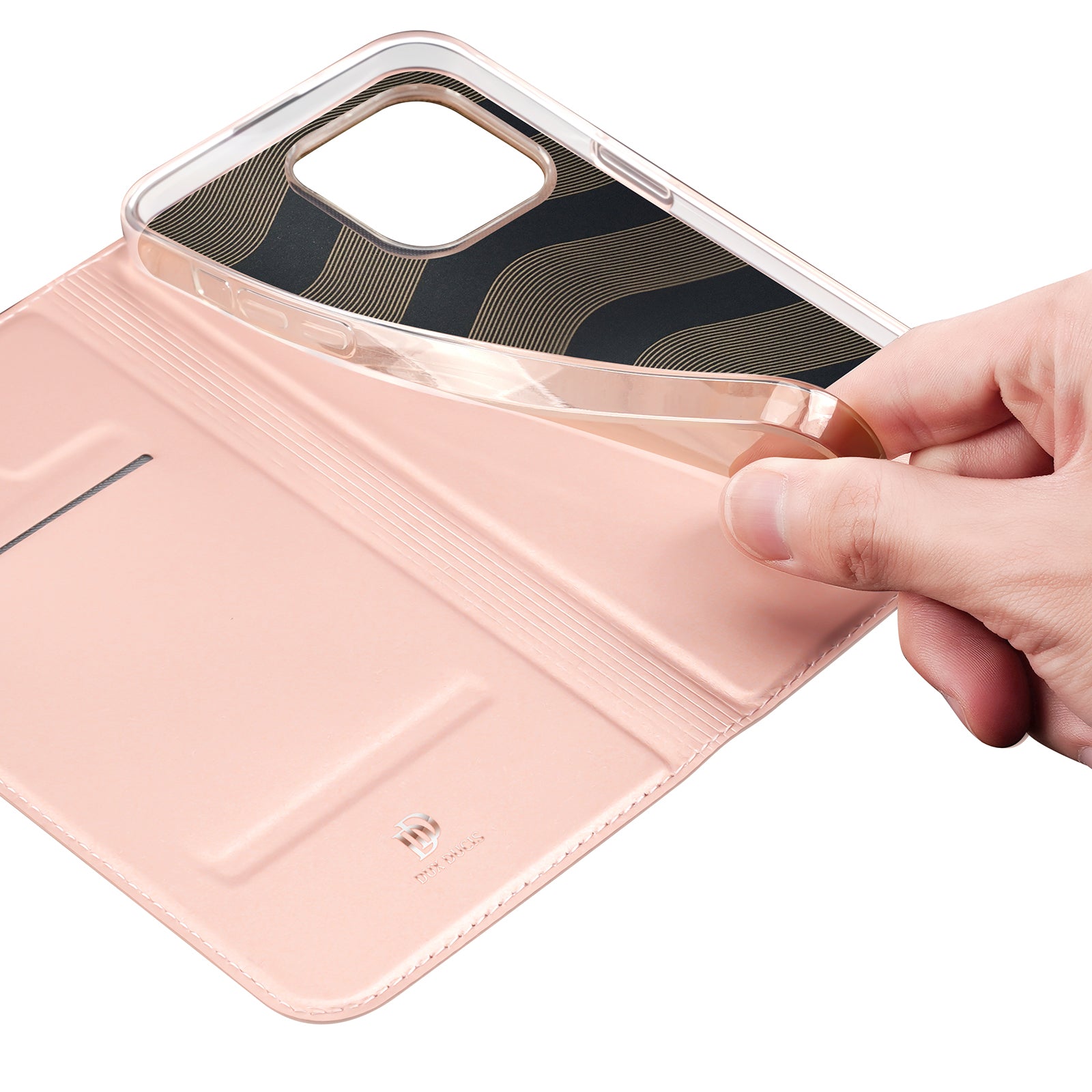 Dux Ducis Skin Pro atverčiamas dėklas iPhone 15 Pro – rožinis