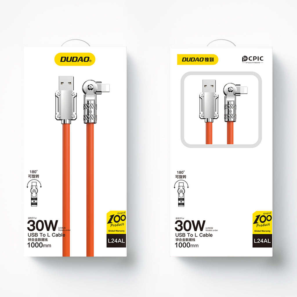 Dudao laidas USB-A - Lightning L24AL kampinis su 180° pasukimu 30W 1m oranžinis