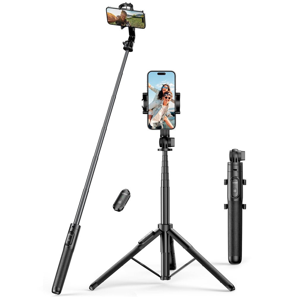 Asmenukių lazda Ugreen LP586 su teleskopiniu trikoju ir Bluetooth nuotolinio valdymo pultu 1,5 m - juoda -- Selfie Sticks...