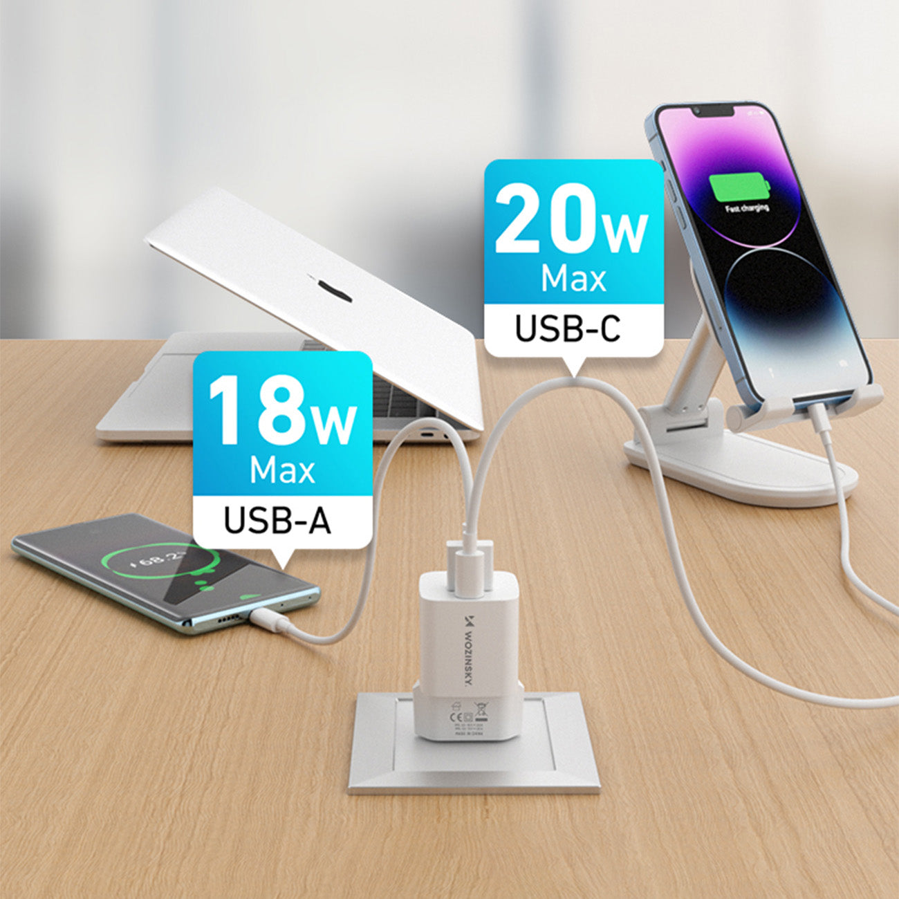 Wozinsky WWCEAC GaN USB-A USB-C 33W sieninis įkroviklis, baltas