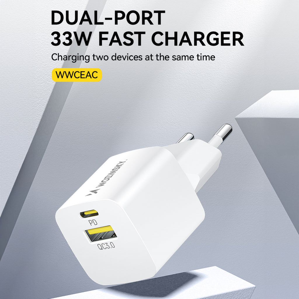 Wozinsky WWCEAC GaN USB-A USB-C 33W sieninis įkroviklis, baltas