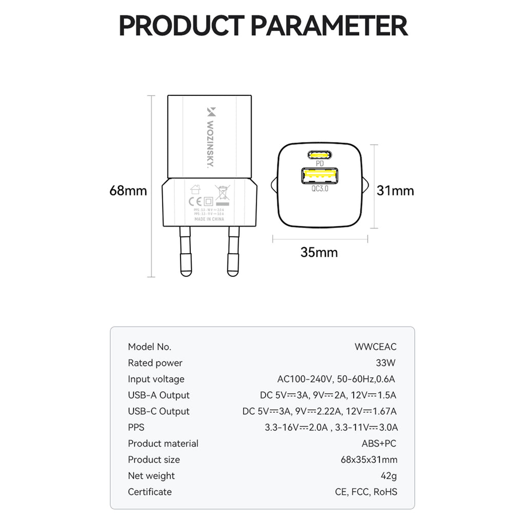 Wozinsky WWCEAC GaN USB-A USB-C 33W sieninis įkroviklis, baltas