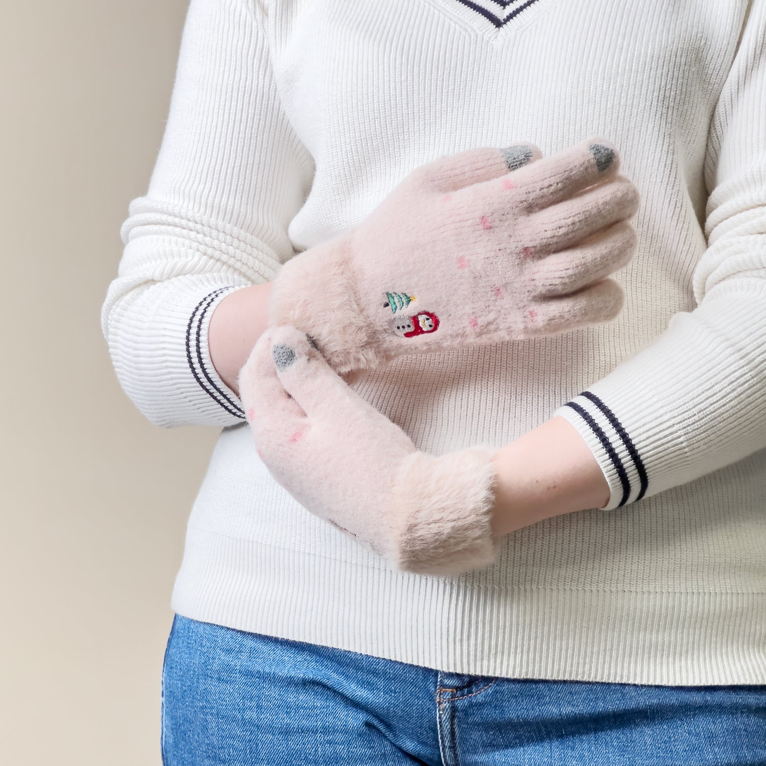 Moterų žieminės telefono pirštinės su snieguoliu ir Kalėdų eglute - smėlio spalvos -- Bicycle Gloves
