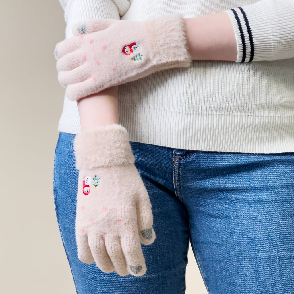 Moterų žieminės telefono pirštinės su snieguoliu ir Kalėdų eglute - smėlio spalvos -- Bicycle Gloves