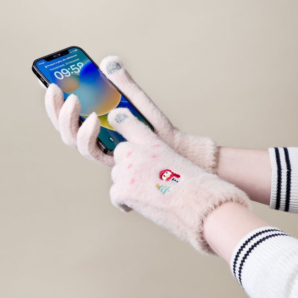 Moterų žieminės telefono pirštinės su snieguoliu ir Kalėdų eglute - smėlio spalvos -- Bicycle Gloves