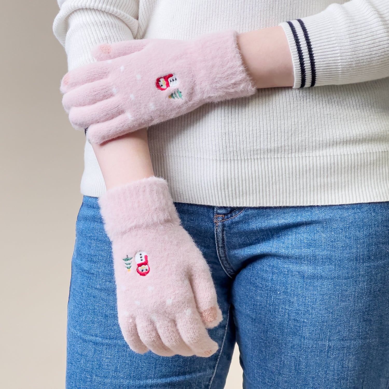 Moterų žieminės telefono pirštinės su sniegu ir Kalėdų egle - rožinės -- Bicycle Gloves