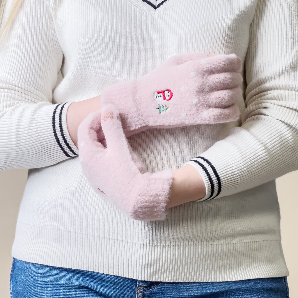 Moterų žieminės telefono pirštinės su sniegu ir Kalėdų egle - rožinės -- Bicycle Gloves