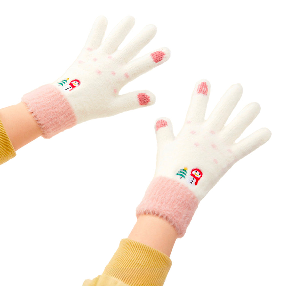 Moterų žieminės telefonų pirštinės su snieguoliu ir Kalėdų eglute - baltos ir rožinės -- Bicycle Gloves