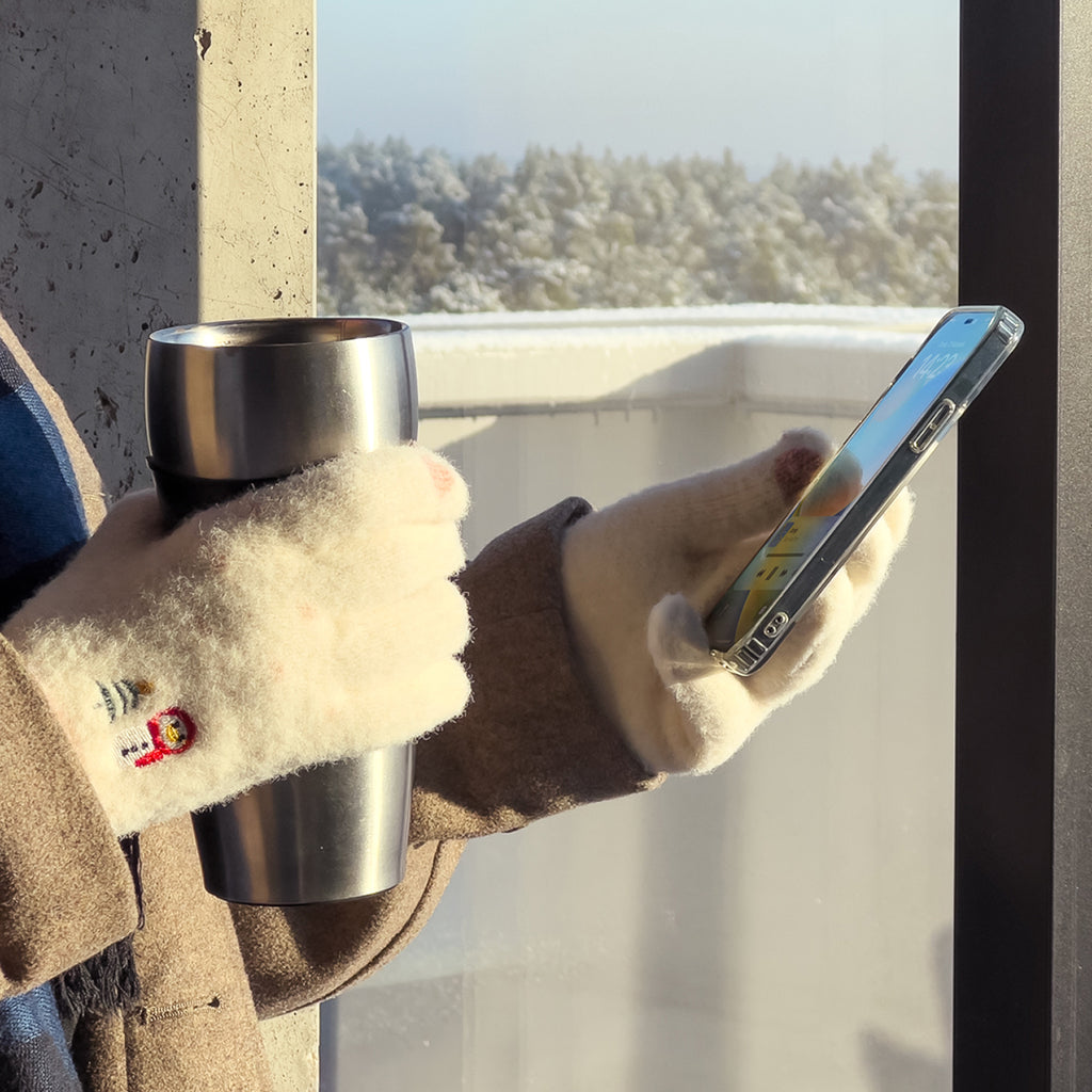 Moterų žieminės telefonų pirštinės su snieguoliu ir Kalėdų eglute - baltos ir rožinės -- Bicycle Gloves