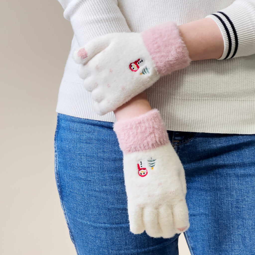 Moterų žieminės telefonų pirštinės su snieguoliu ir Kalėdų eglute - baltos ir rožinės -- Bicycle Gloves