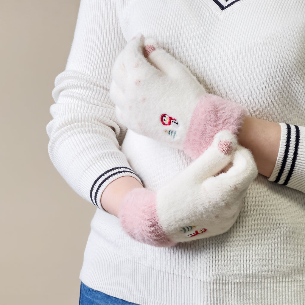 Moterų žieminės telefonų pirštinės su snieguoliu ir Kalėdų eglute - baltos ir rožinės -- Bicycle Gloves