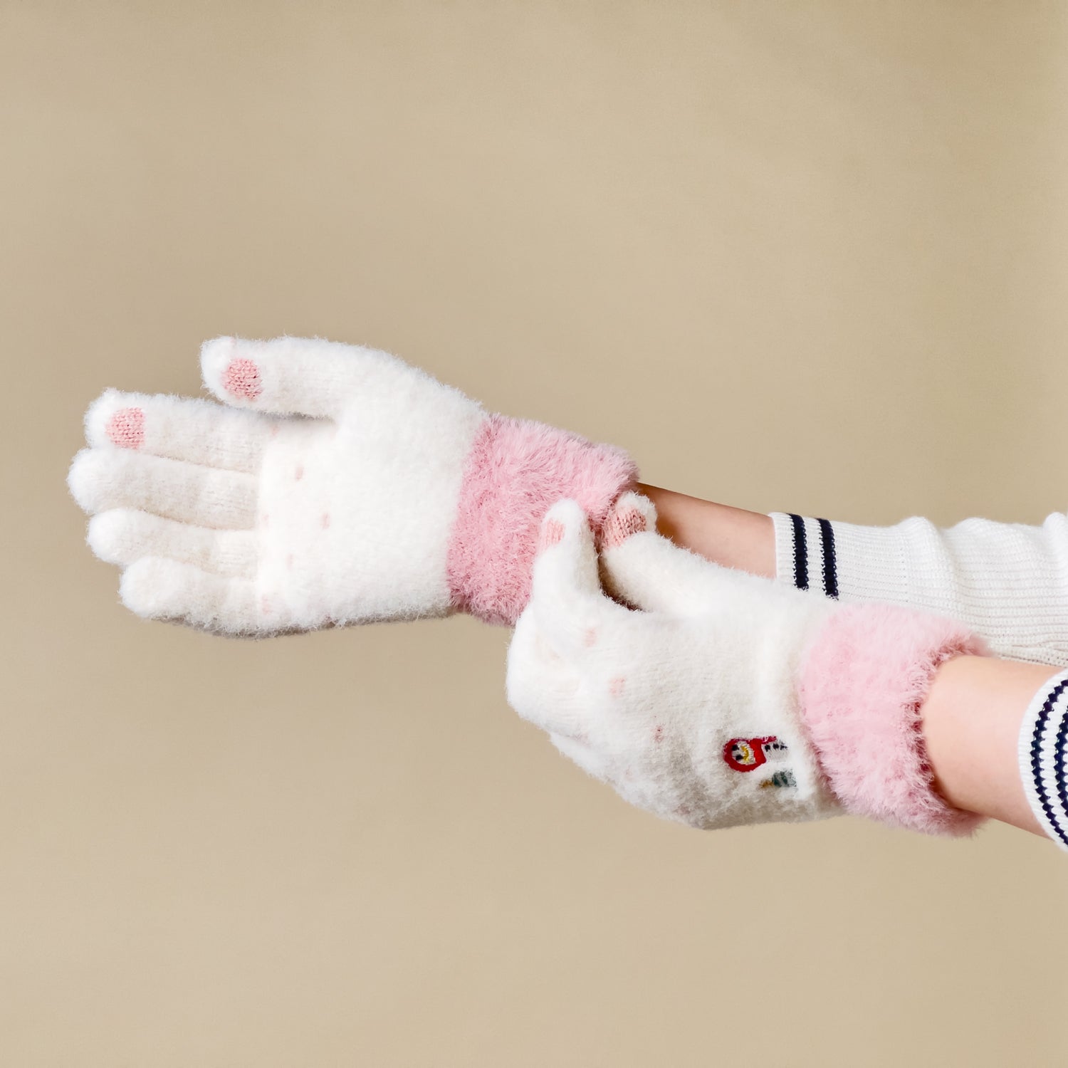 Moterų žieminės telefonų pirštinės su snieguoliu ir Kalėdų eglute - baltos ir rožinės -- Bicycle Gloves