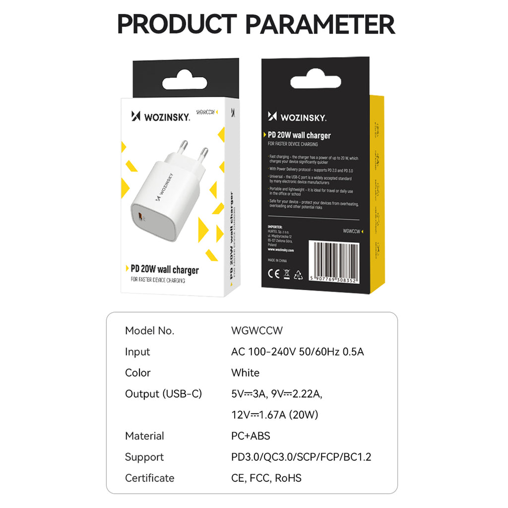Wozinsky WGWCCW 20W USB-C sieninis įkroviklis, baltas