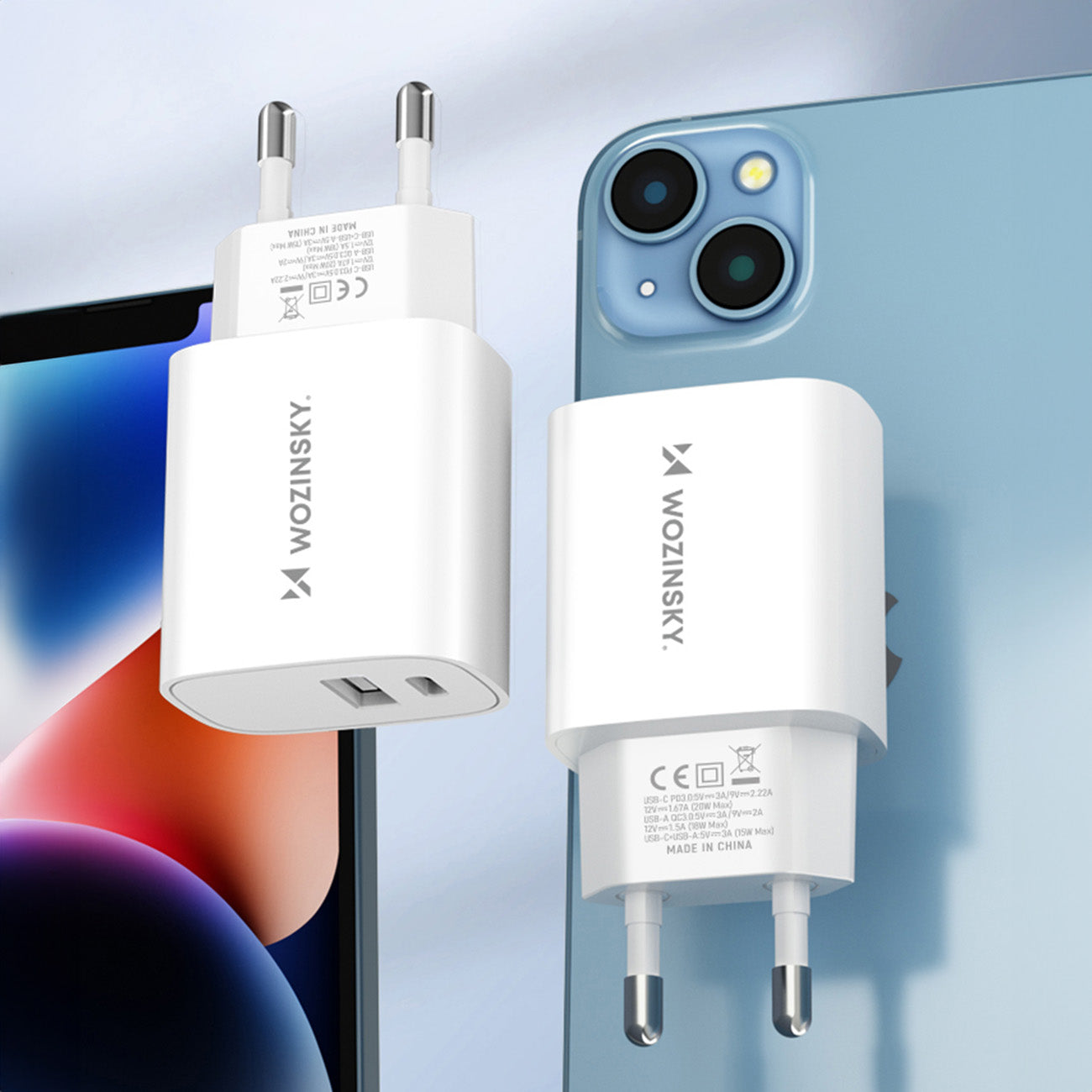 Wozinsky WGWCW USB-A USB-C 20W sieninis įkroviklis, baltas