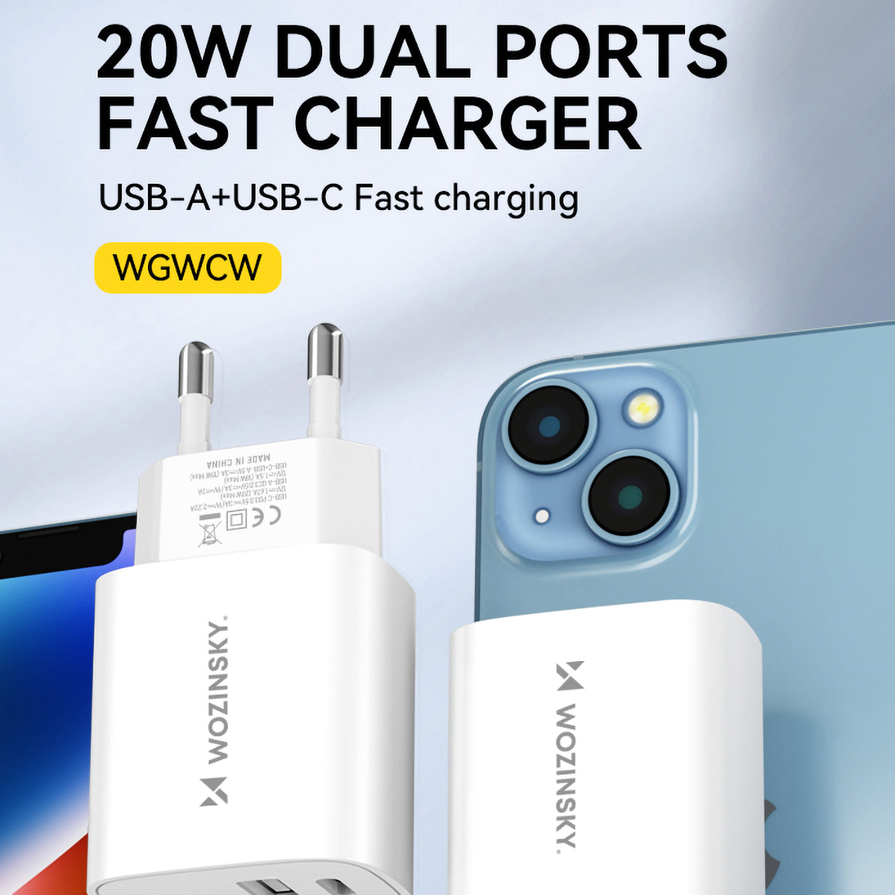 Wozinsky WGWCW USB-A USB-C 20W sieninis įkroviklis, baltas