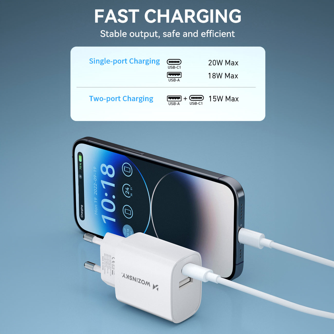 Wozinsky WGWCW USB-A USB-C 20W sieninis įkroviklis, baltas