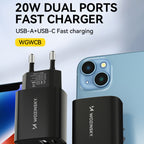 Wozinsky WGWCB USB-A USB-C 20W sieninis įkroviklis, juodas