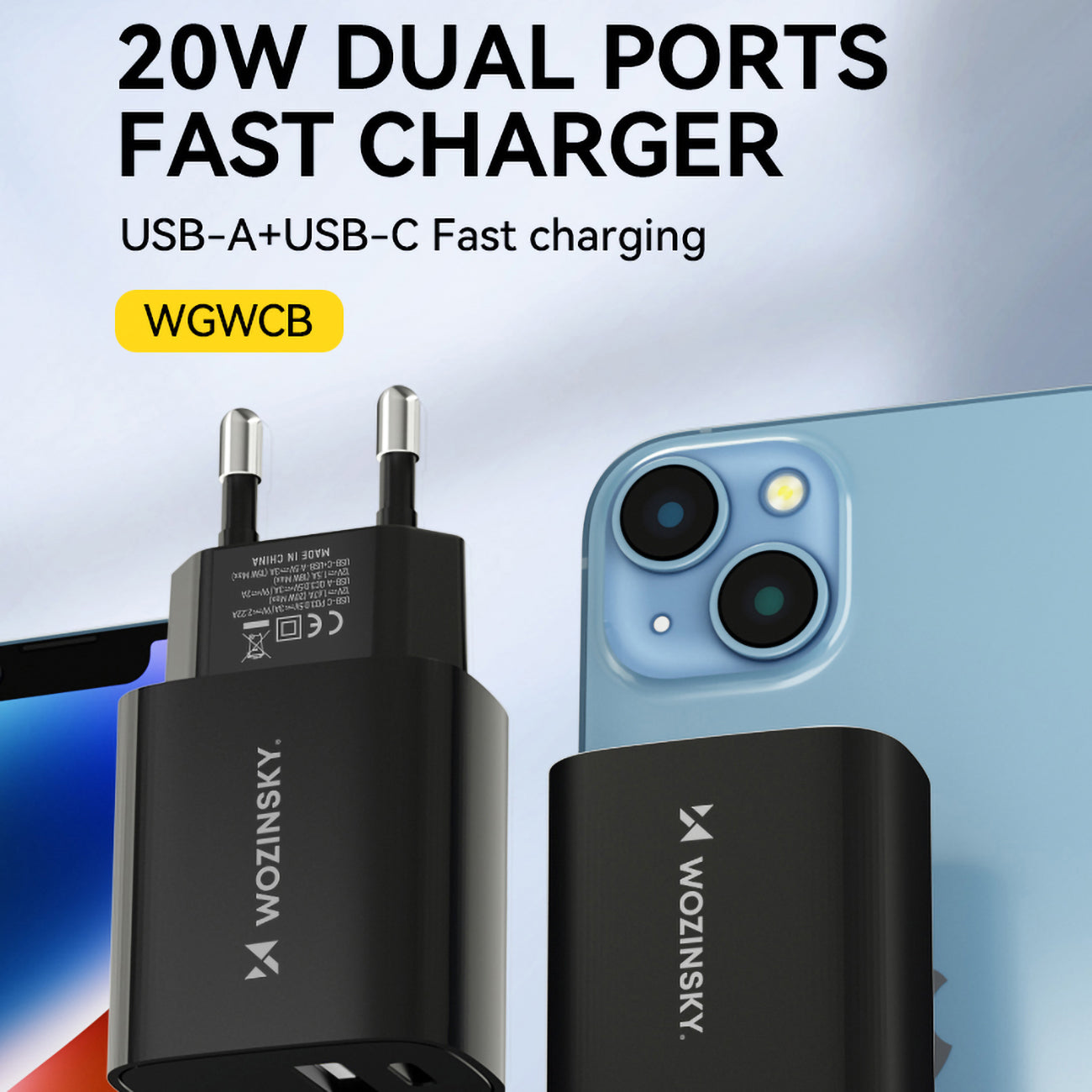 Wozinsky WGWCB USB-A USB-C 20W sieninis įkroviklis, juodas