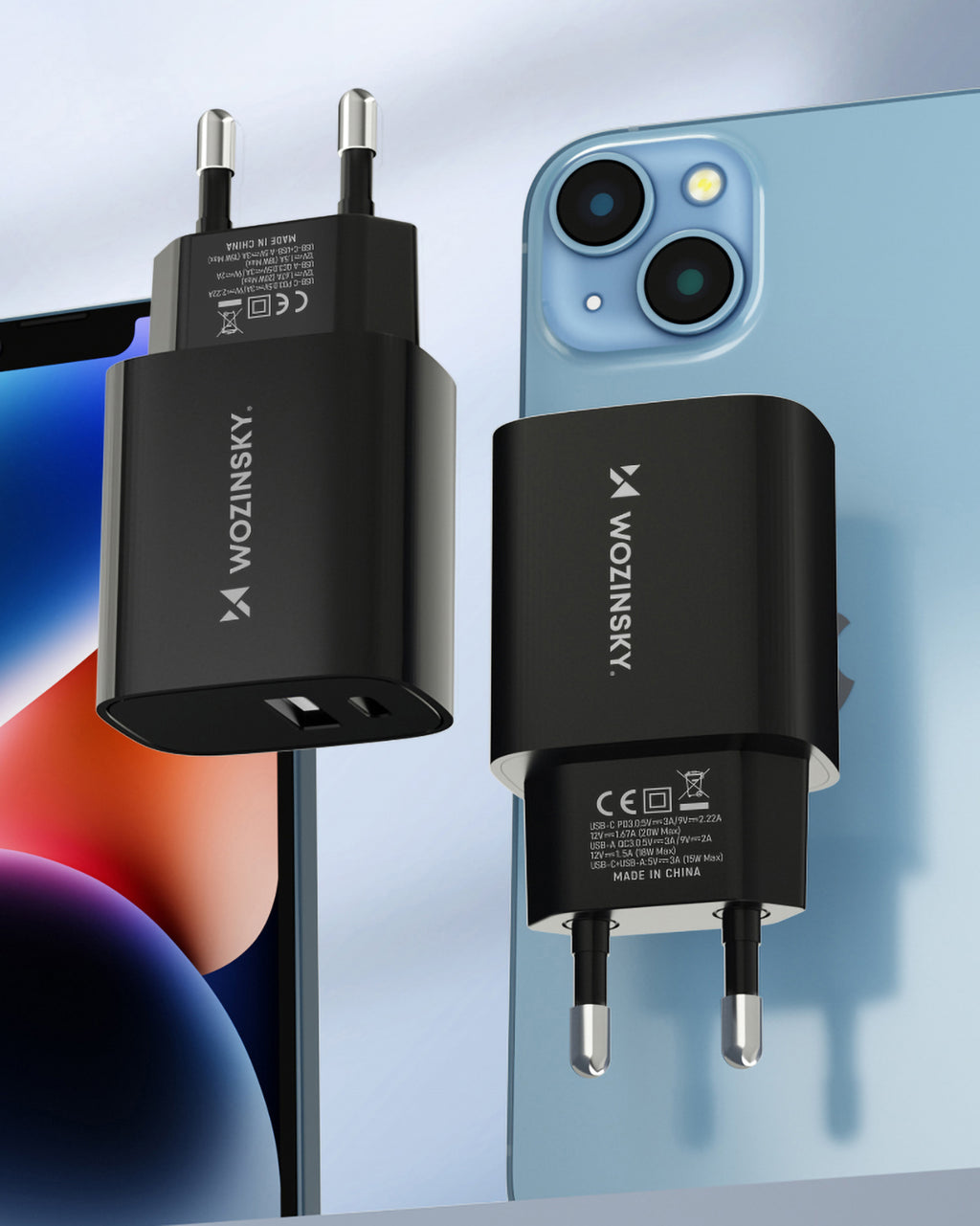Wozinsky WGWCB USB-A USB-C 20W sieninis įkroviklis, juodas