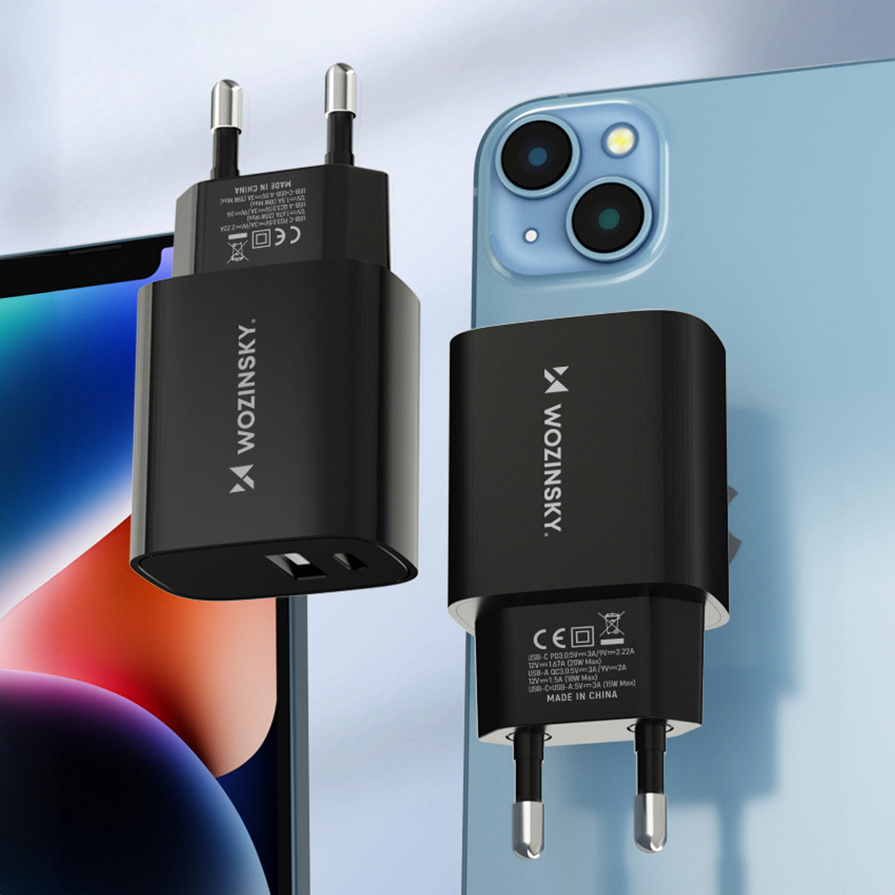 Wozinsky WGWCB USB-A USB-C 20W sieninis įkroviklis, juodas
