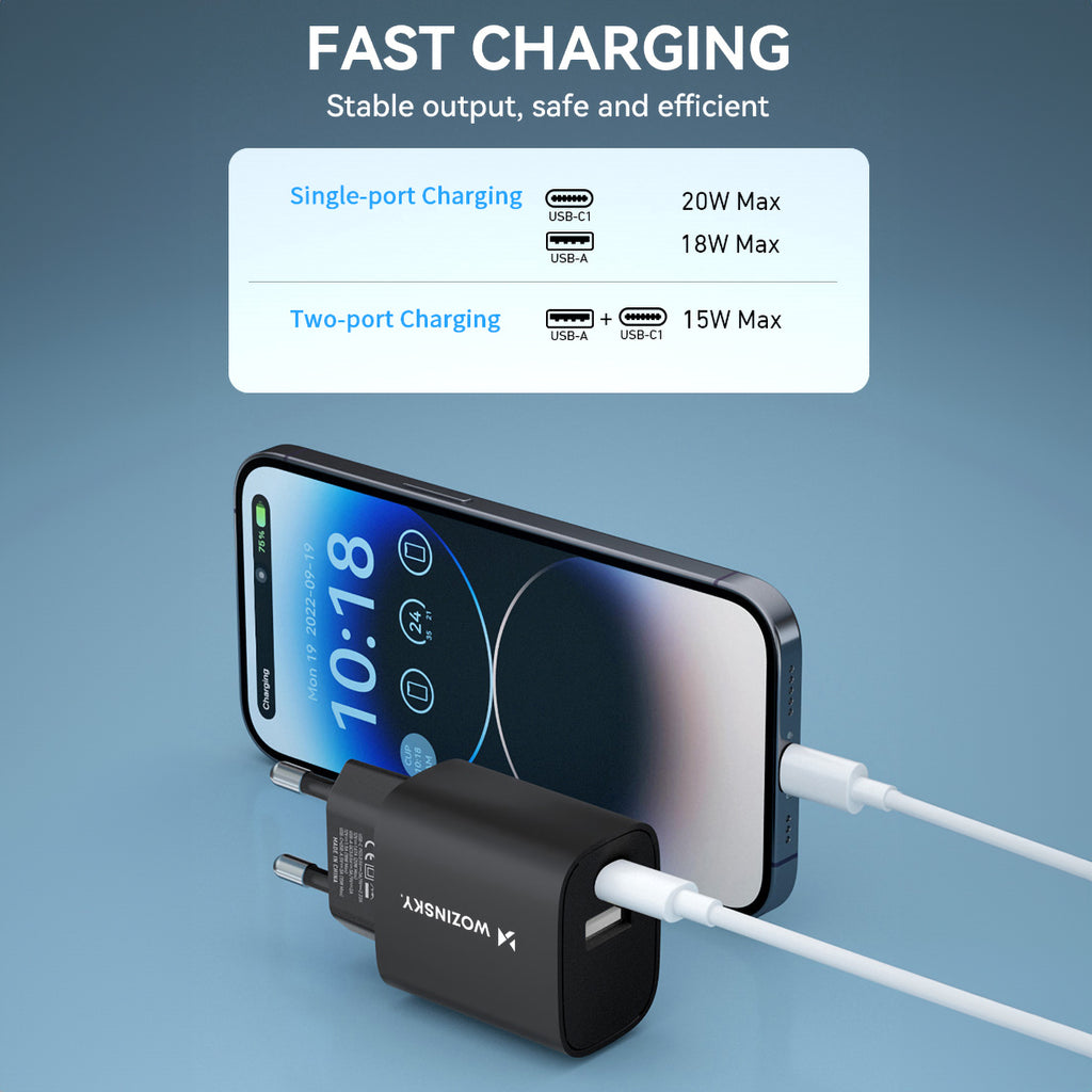 Wozinsky WGWCB USB-A USB-C 20W sieninis įkroviklis, juodas