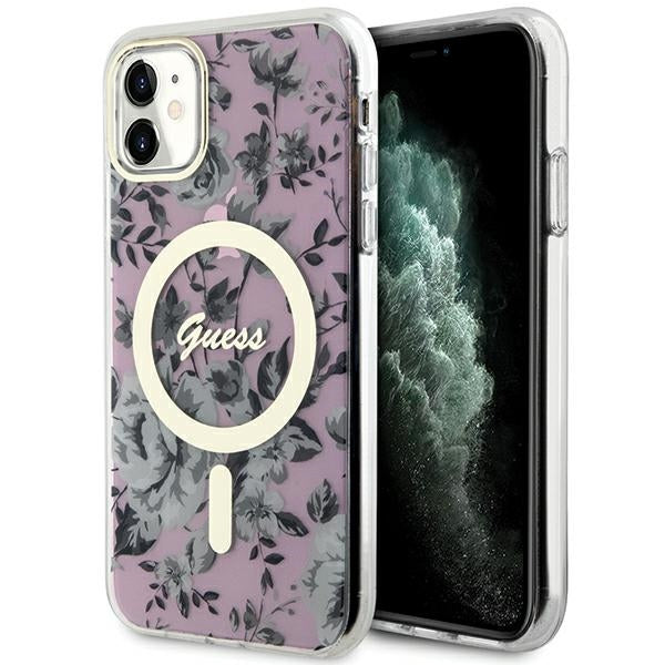 Guess MagSafe dėklas iPhone 11/XR – rožinis, gėlės -- iPhone 11