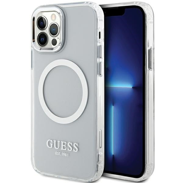 Guess Metal Outline MagSafe dėklas iPhone 12/12 Pro – sidabrinis -- iPhone 12